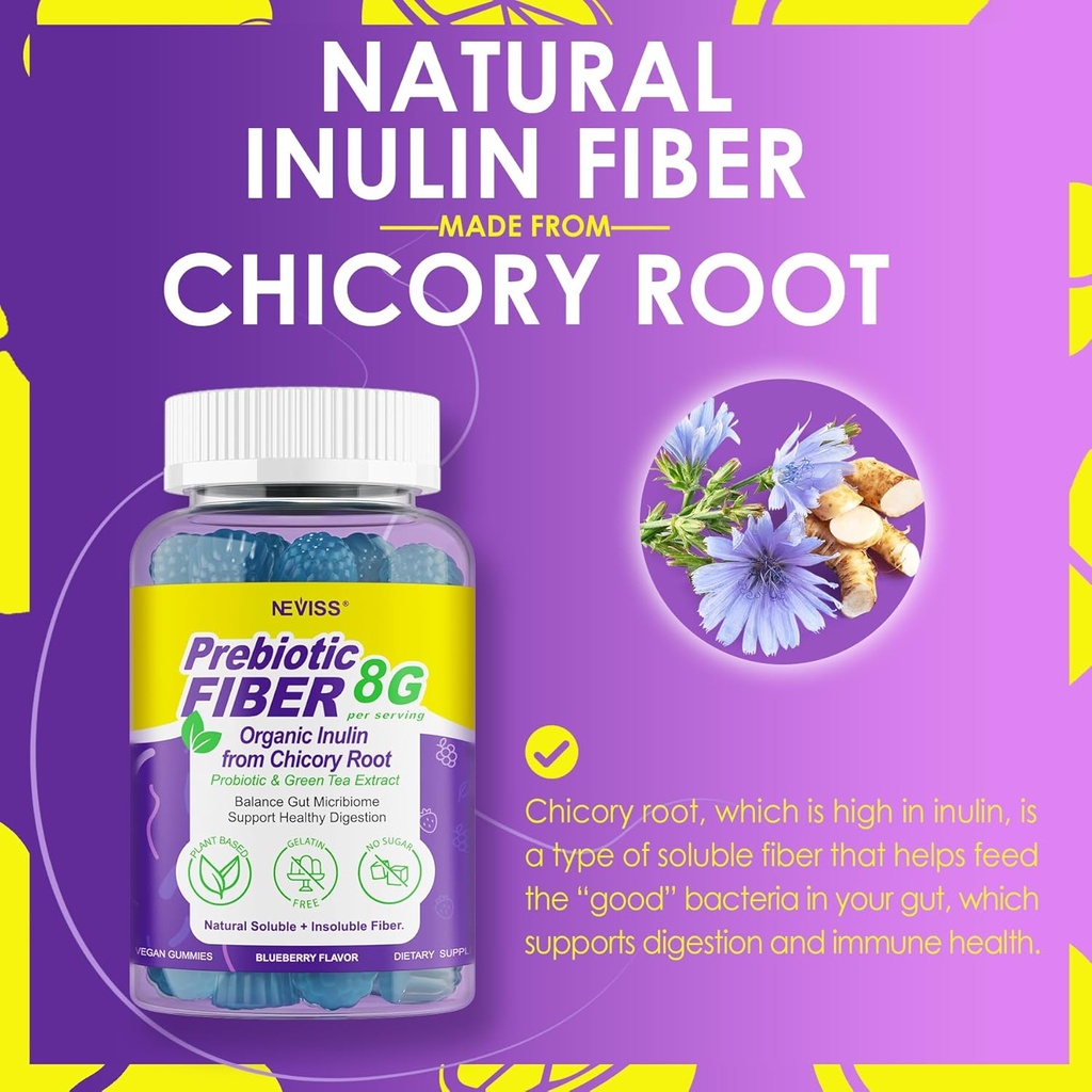 Fiber Gummies for Adults 8g (Inulin, Psyllium Husk, FOS More) with Probiotics, Green Tea Extract, Sugar Free Plant Based Fiber Supplement Blend for Digestive Health, Regularity, Non-GMO, Vegan, 60Cts 4