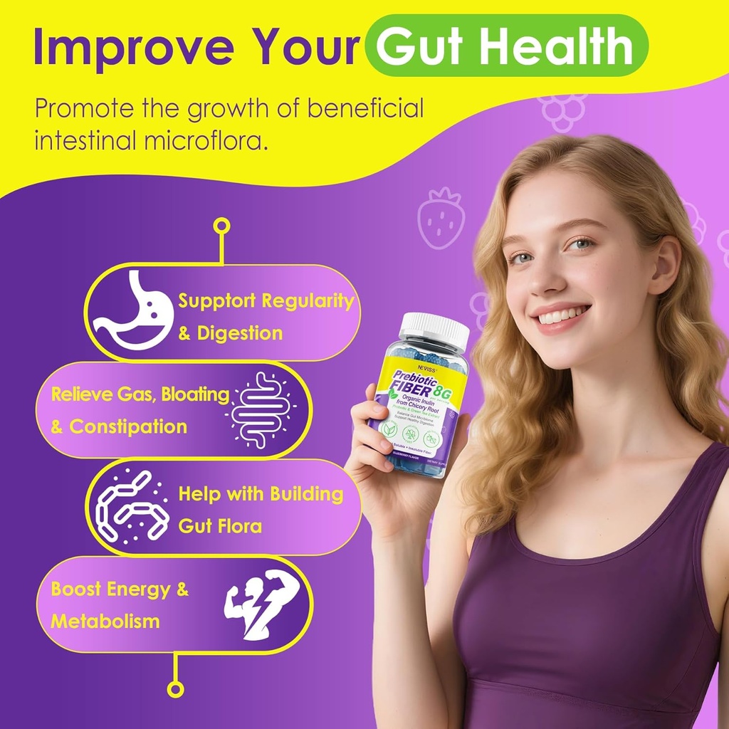 Fiber Gummies for Adults 8g (Inulin, Psyllium Husk, FOS More) with Probiotics, Green Tea Extract, Sugar Free Plant Based Fiber Supplement Blend for Digestive Health, Regularity, Non-GMO, Vegan, 60Cts 5