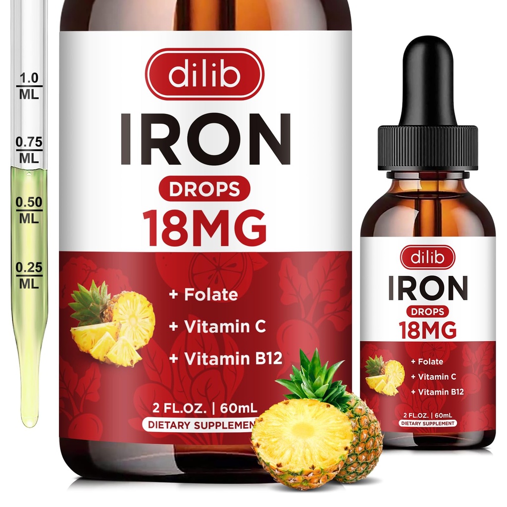 Liquid Iron Supplement voor vrouwen en mannen ijzer druppels ijzer supplementen voor bloedarmoede met folaat, vitamine C, B12 voor rode bloedcel ondersteuning-pijnappel smaak, 2 Fl Oz