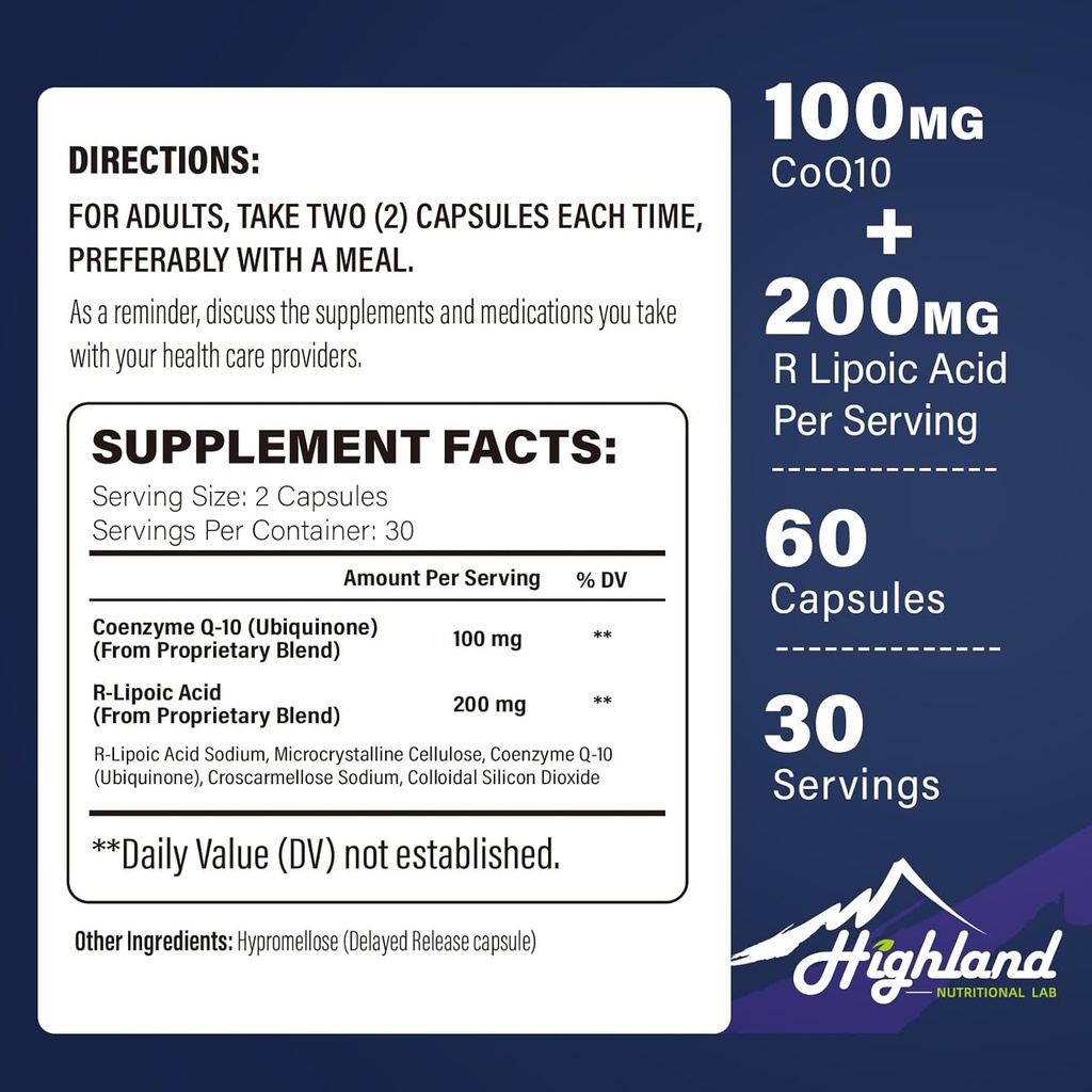CoQ10 100mg + R-Lipoïnezuur 200mg per portie, 1 maand supply, Tot 5X verbeterde absorptie, R-Lipoïnezuur/CoQ10 supplement voor hartgezondheid en cognitieve gezondheid-60 capsules