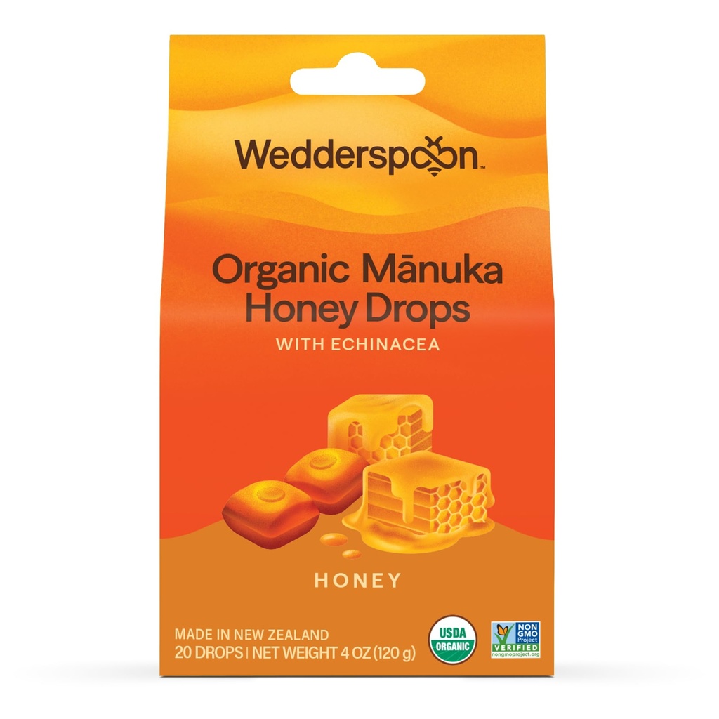 Wedderslepel Biologische Manuka Honey Drops, Honing & Echinacea, 20 Graaf (pakket van 1) 