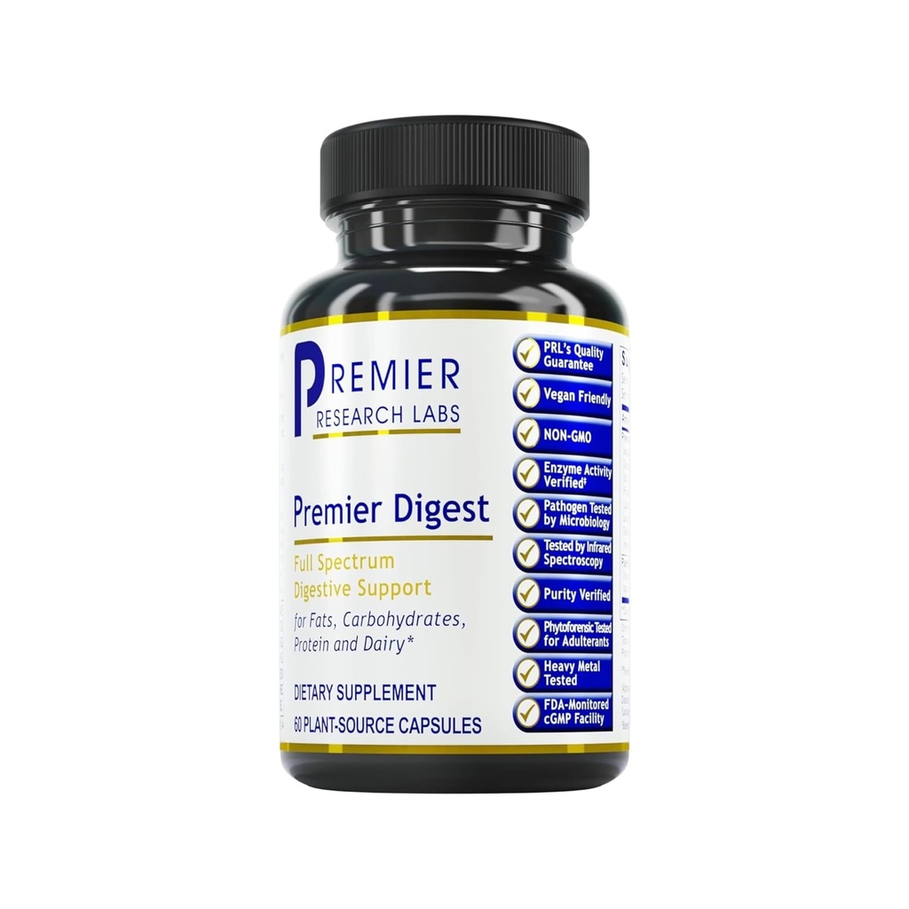 Premier Laboratoires de recherche Enzymes digestifs actifs avec probiotiques et prébiotiques - Promotion d'un soutien digestif complet - avec Amylase, Protease & Lipase, 60 Capsules d'origine végétale