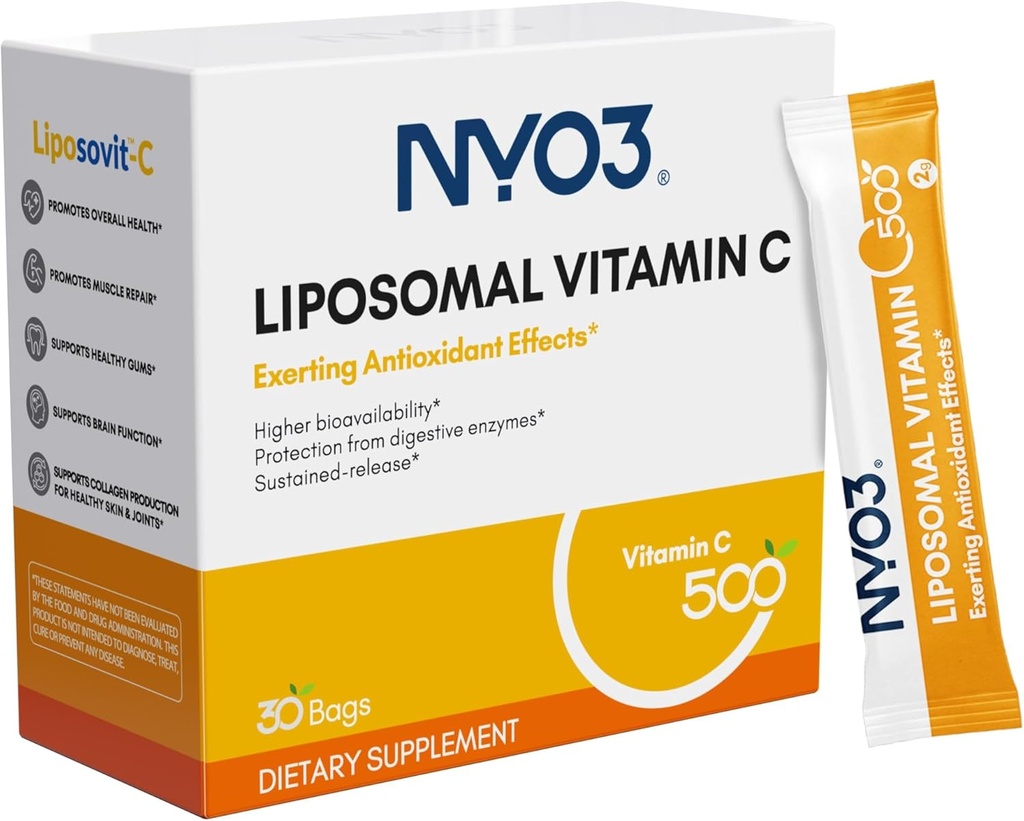 NYO3 Liposomale vitamine C Poeder, Ondersteunt Immuun Systeem & Collageen Booster, Krachtig Antioxidant, Verbeter huidgezondheid, Glutenvrije, Hoge Absorptie Vitamine C, 500mg, 30 Tellen