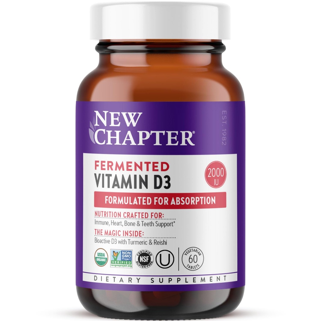 Nieuw hoofdstuk Gefermenteerde vitamine D3 2.000 IE, biologisch, 1 dag voor Immune, Hart & Bot Ondersteuning + Gehele voeding Kurkuma, Adaptogeen Reishi paddo, 100% vegetarisch, Glutenvrij, 60 Tellen