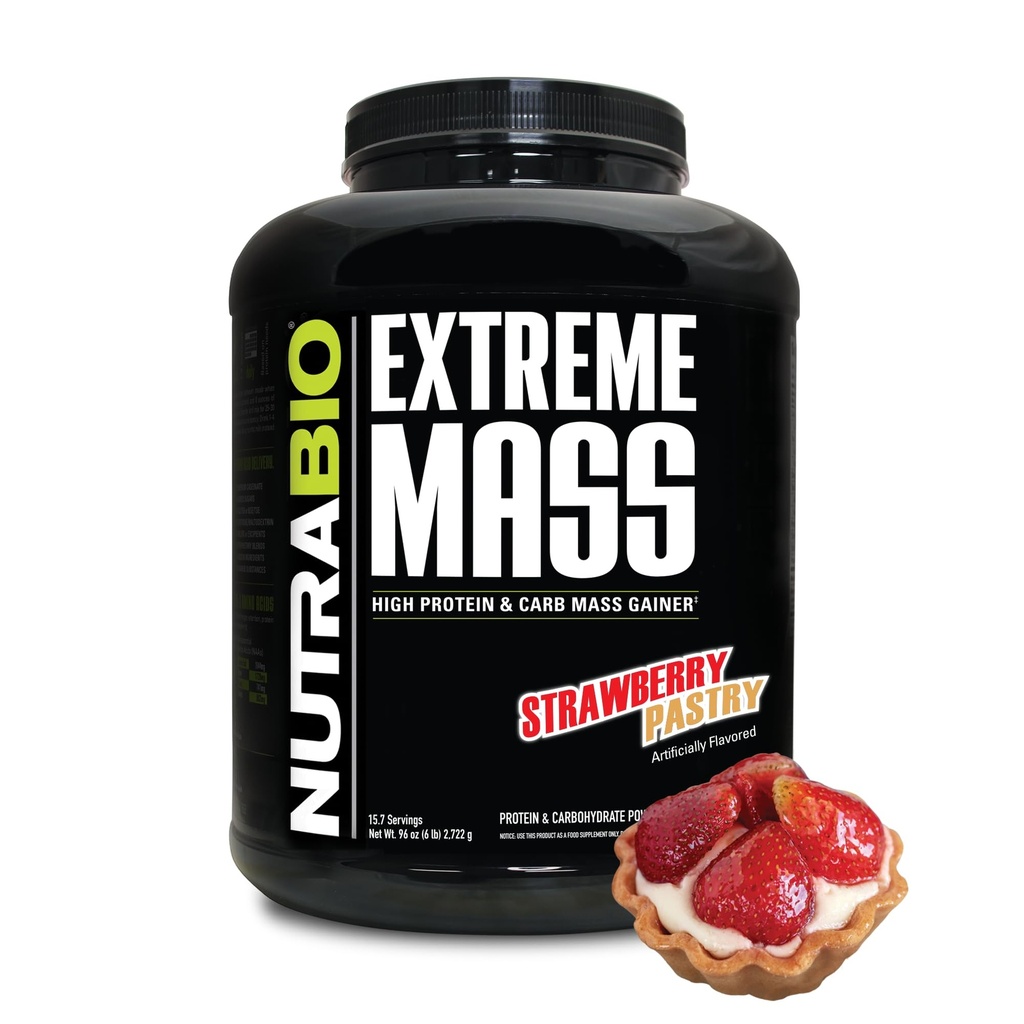 NutraBio Extreme Mass Gainer Protéines Poudre, Protéines 53G, Gaineur de poids propre, Augmenter la masse musculaire, Acide amino à spectre complet - Pâtisserie fraise, 6 livres