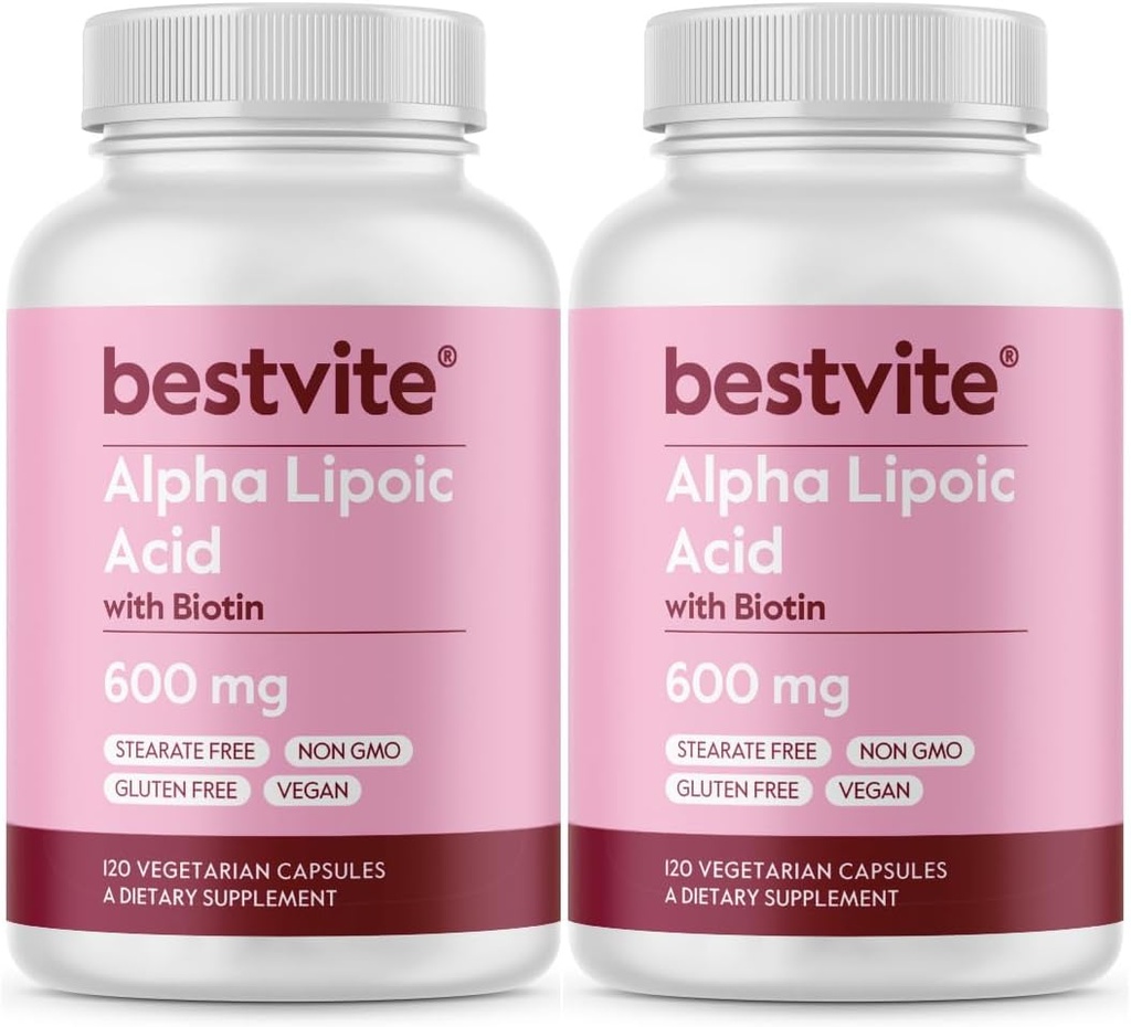 Alpha Lipoïnezuur 600 mg (per capsule) met Biotine om de absorptie te verbeteren (240 Vegetarische Capsules) (2 x 120) Geen Fillers - Geen Stearates - Geen stroommiddelen