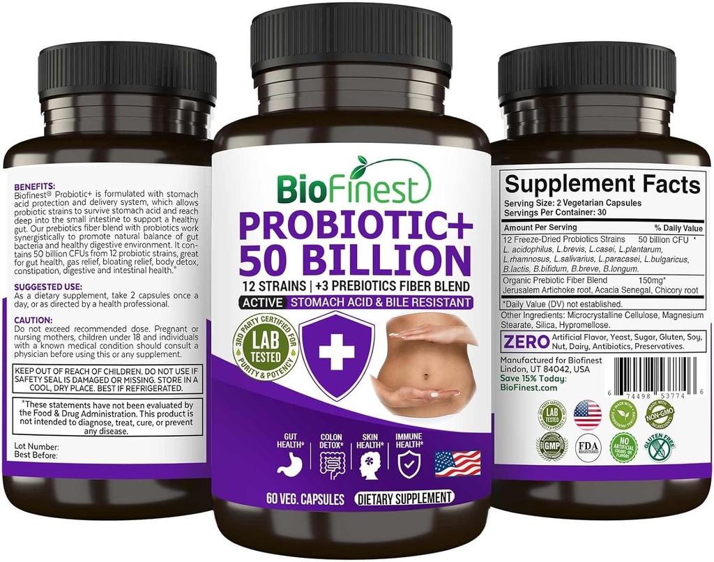 BioFinest Probiotic 50 Miljard CFU Enzyme Supplement - 12 Probiotica Strains with 3 Natural Prebiotics - Gut Digestie Detox Gas Bloating Constipatie - Acidophilus for Men Women (60 Veg. caps)