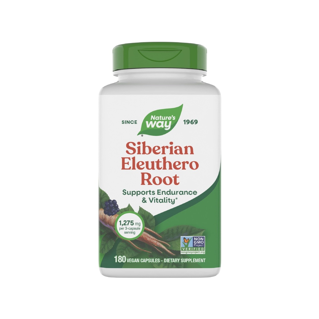 Nature's Way Premium Herbal Siberian Eleuthero Root Supplement, ondersteunt Endurance & Vitality*, Adaptogen*, 1,275mg per 3-Capsule Serving, Non-GMO Project Geverifieerd, 180 Capsules (Verpakking mei Vary)
