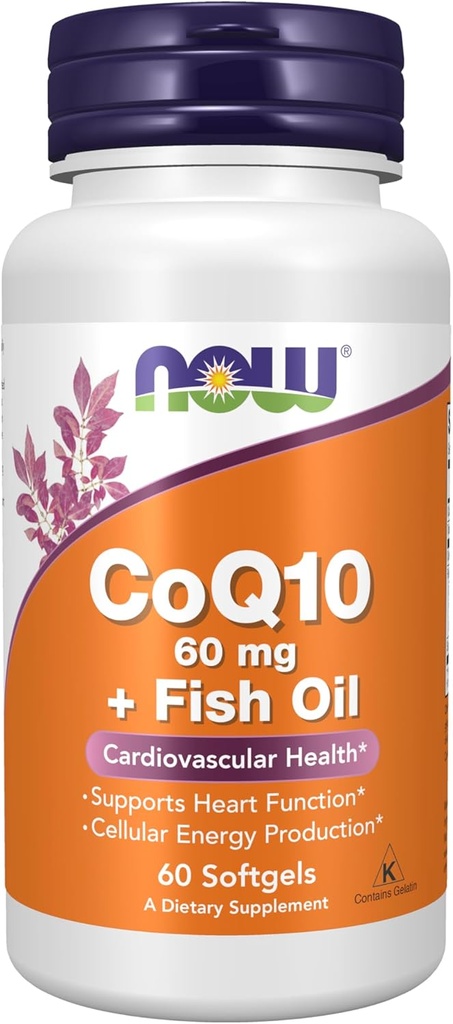 NOW Foods Supplements, CoQ10 60 mg met Omega 3 Fish Oil, Cardiovasculaire gezondheid*, 60 Softgels