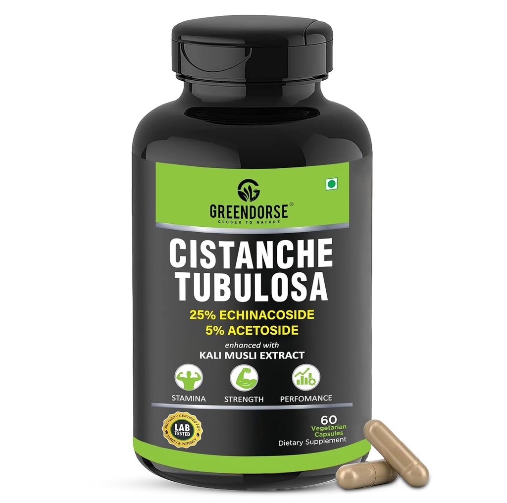 Biologische Cistanche Tubulosa gestandaardiseerd tot 25% Echinacoside, 5% Acetoside met Kali Musli Extract 1000mg 3rd Party Getest op sterkte, prestaties, vitaliteit- 60 Veg Capsules