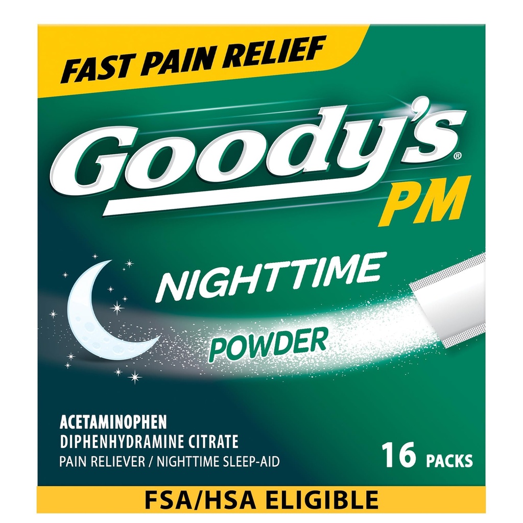 Goody's Nighttime Powder, Pain Reliever & Slaaphulp met Acetaminophen & Difenhydramine Citrate, Cafeïnevrij, 16 Tellen