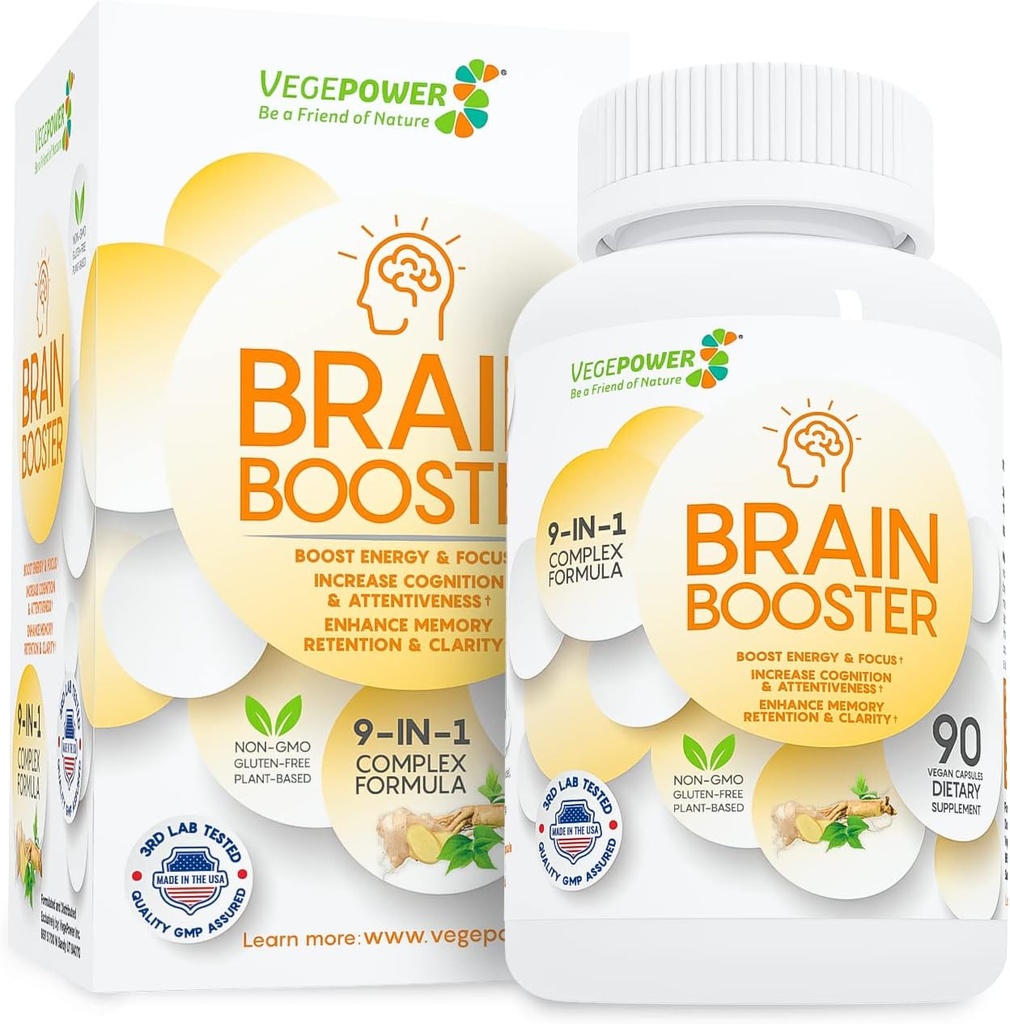 Brain Booster Natural Nootropics Supplement - Enhance Focus, Memory, Clarity, Energy and Reduce Forgetfulness Anti-Aging for Women Men, Guarana, Ginseng, Rhodiola Extract Vegan 90 Capsules