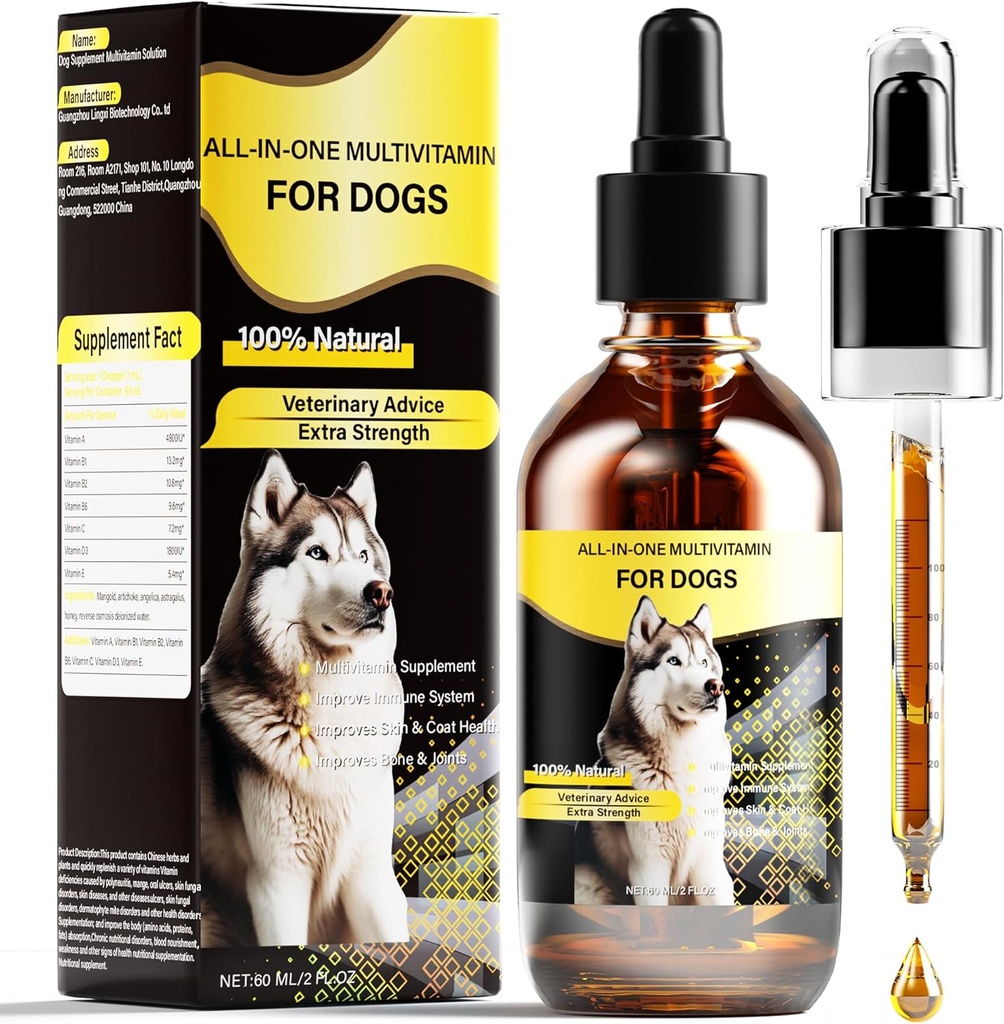 Honden Multivitamine Vloeistof, 13-In-1 Honden Vitaminen Extra sterkte om hond te verbeteren Vertering, Immuun, huid, jas, bot, gewrichten Gezondheid, 60 Ml Natuur Honden Vitaminen en Supplementen voor alle leeftijden Ras maten hond