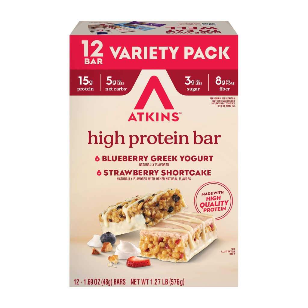 Atkins Blueberry Greek Yogurt & Aardbei Shortcake High Protein Bar, High Fiber, Keto Friendly, 12 Tellen (6 Bars Elke smaak)