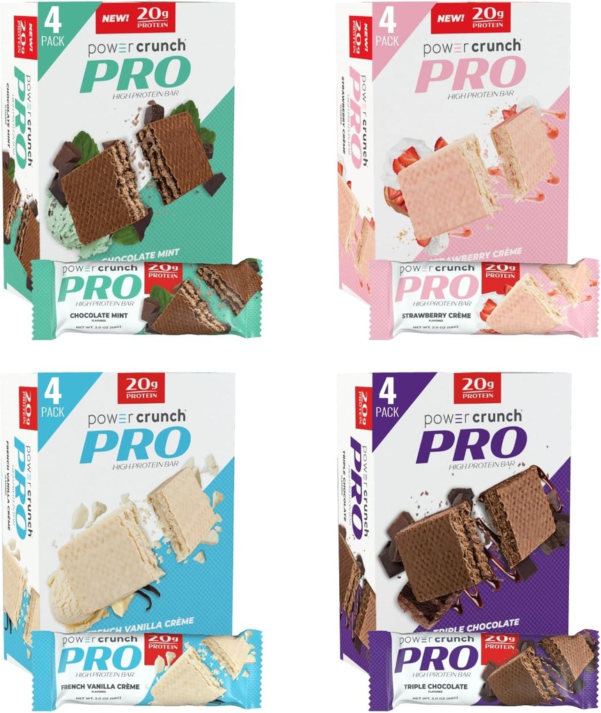 Power Crunch PRO Protein Wafer Bars, Variety Pack, in 4 Smaken 2.0 Ounce Bars (16 Tellen). Hoog eiwit