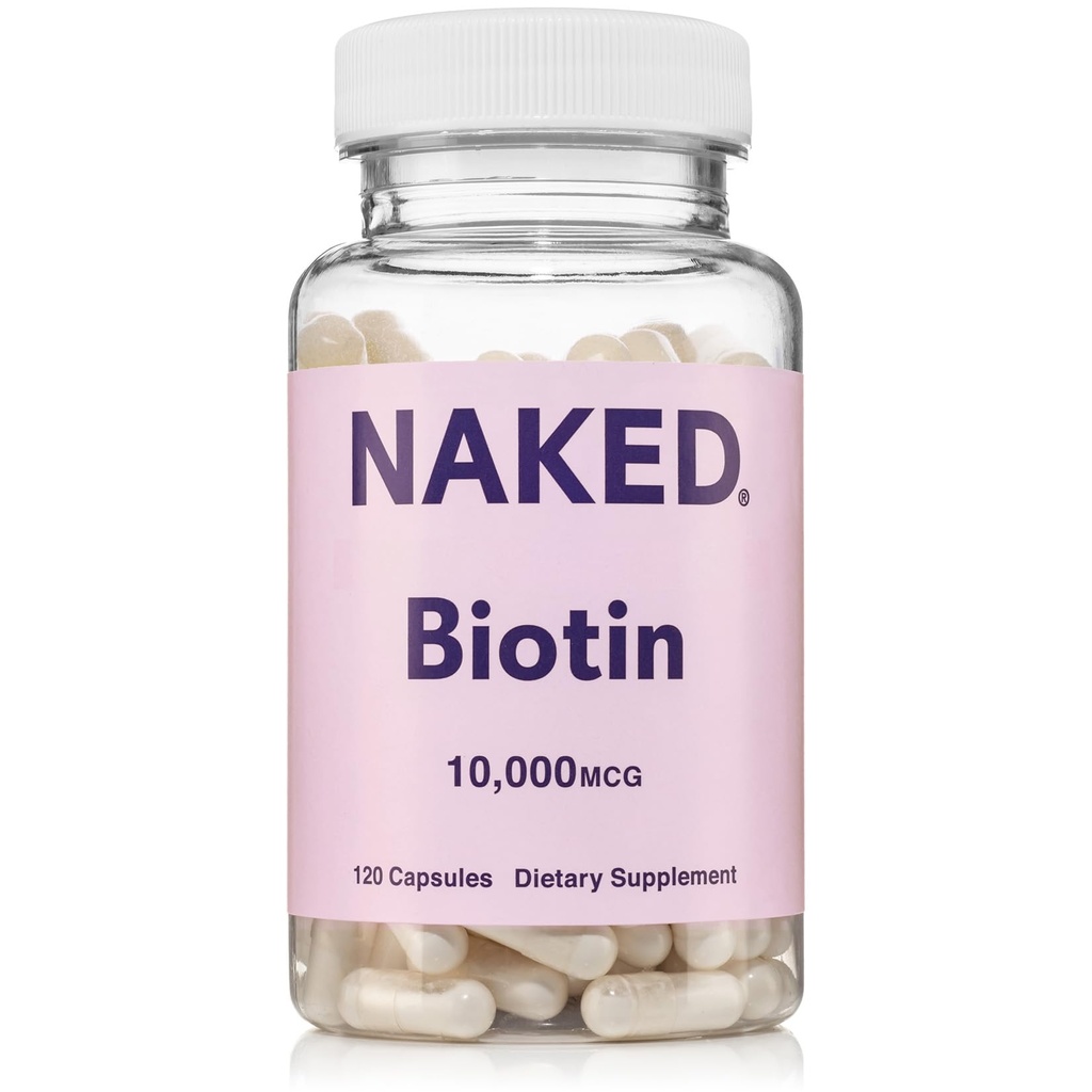NAKED Biotin 10.000 mcg - Max sterkte vitamine B7 supplement voor gezond haar, huid en nagels ondersteuning - Non-GMO, Glutenvrije, Veganistisch - Ondersteunt Keratine productie - 120 capsules