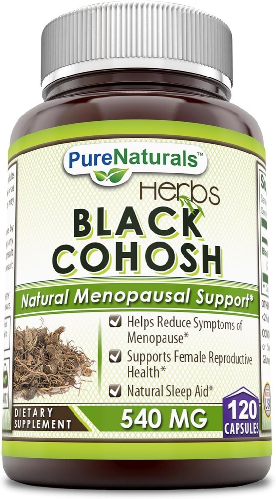 Pure Naturals Black Cohosh Ménopause Relief - Solutions naturelles pour le soutien de la ménopause - Supplément de 540 Mg avec Extrait de racine pure 120 Capsules