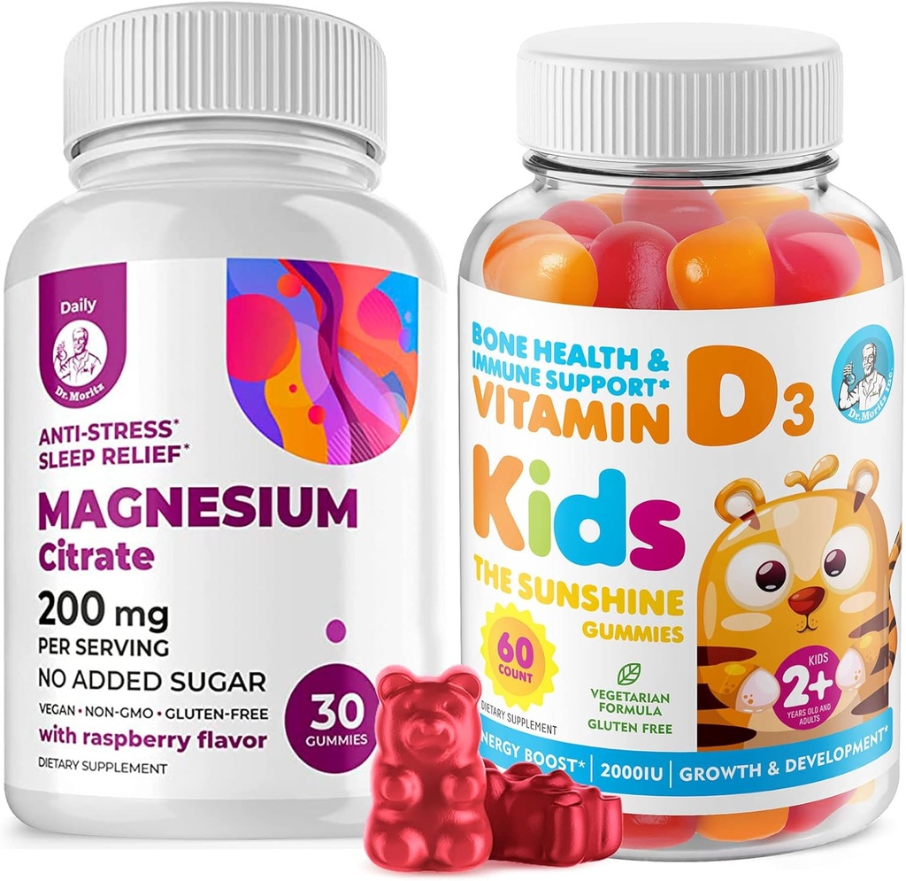 Vitamine D Gummies for Kids&Adults 2000 IU and Magnesium Gummies - gezonde vitamine D3 Supplementen 1000IU - Vegetarisch Gelatine-vrije Immune Ondersteuning met suikervrije Magnesium Kalm kauwen voor kinderen&Adults