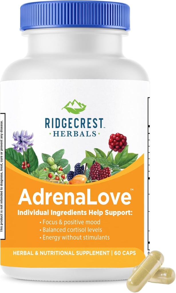 Ridgecrest Kruiden AdrenaLove, Stress and Energy Support Supplement met Ashwagandha, L-Theanine, Ginseng, Schisandra, Taurine, Holy Basil, Adaptogens, B Vitaminen (60 Vegan Caps, 30 Serv)