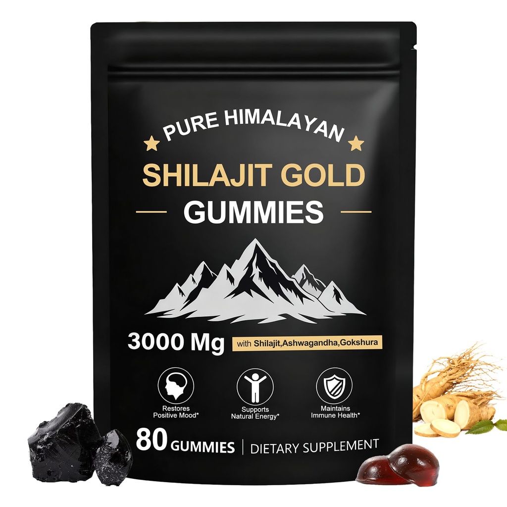 Gummies Shilajit, pur Himalayan Shilajit Gummies Or, Non ajouté Sucre Non-OGM 100% naturel et biologique, Ashwagandha, Gokshura