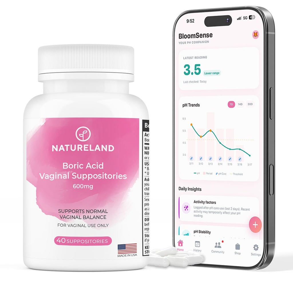 Natureland 40 Count, 600mg Boorzuur Vaginale Suppositorieën, Made in USA, Herstel pH Evenwicht en Verminder Droogheid, Odors, Itchiness, en Lozing, Ondersteuning Intieme Gezondheid (Vak van 1)