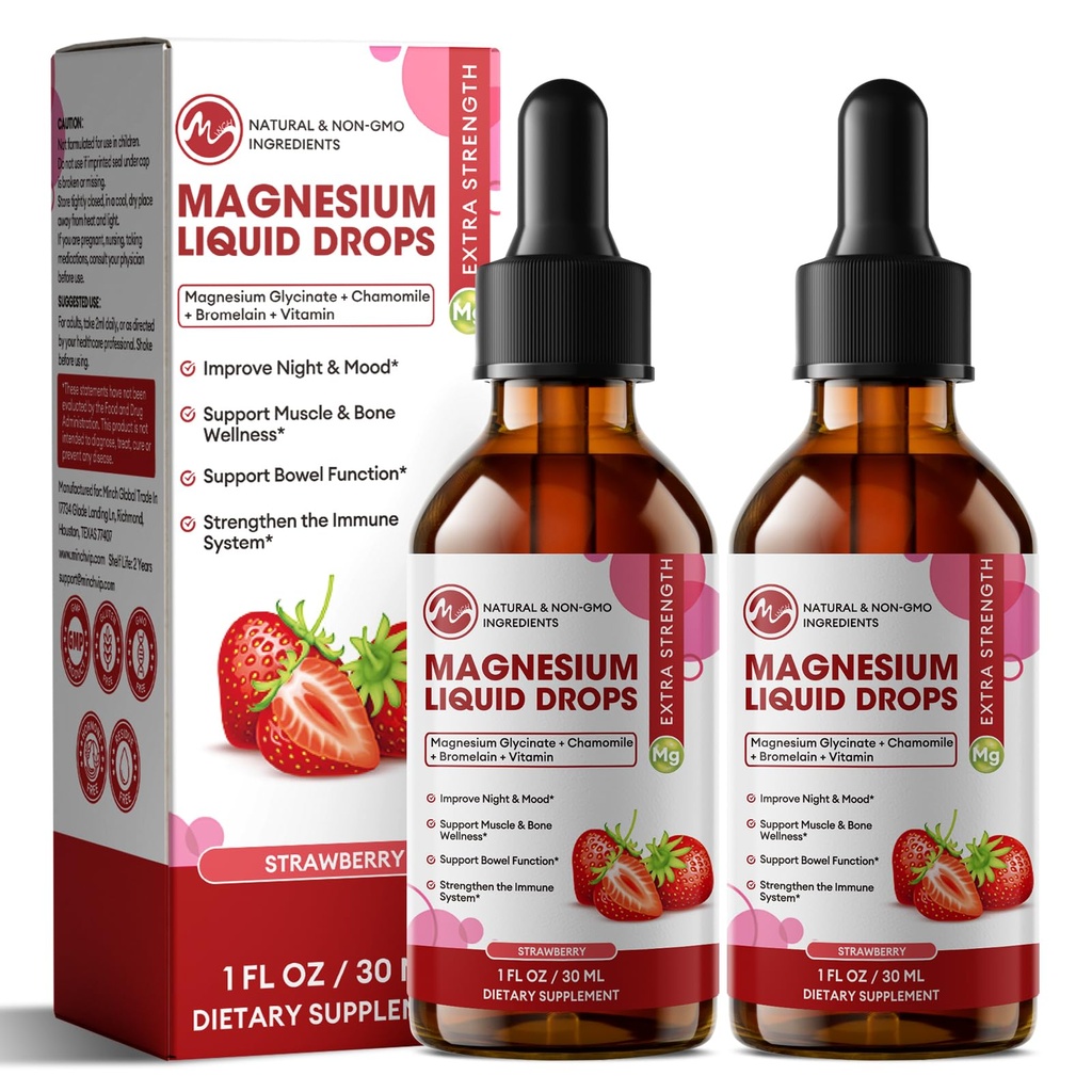 M inch Magnesium Glycinate Liquid, Hoge Absorptie Magnesium Liquid Drops met Cellulose Fiber, Bromelaine, Vitamine B6, C, D, Zink, Magnesium Supplement voor kinderen en volwassenen, Aardbei smaak, 2 Pack