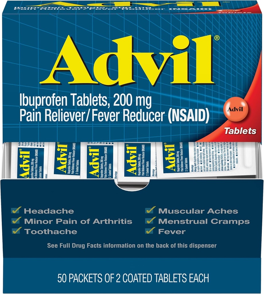 Advil Pain Reliver and Fever Reducer, Pain Relief Medicine met Ibuprofen 200mg voor hoofdpijn, rugpijn, menstruele pijn en gewrichtspijn Relief - 100 gecoate tabletten (verpakking kan variëren)