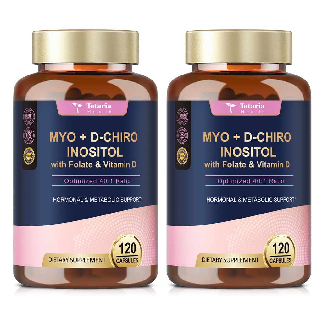 Totaria Inositol Supplement voor vrouwen met vitamine D3, Folaat, 40:1 Ratio Myo-Inositol & D-Chiro Inositol Complex, (Vitamine B8) Inositol Capsules, Verpakking van 2