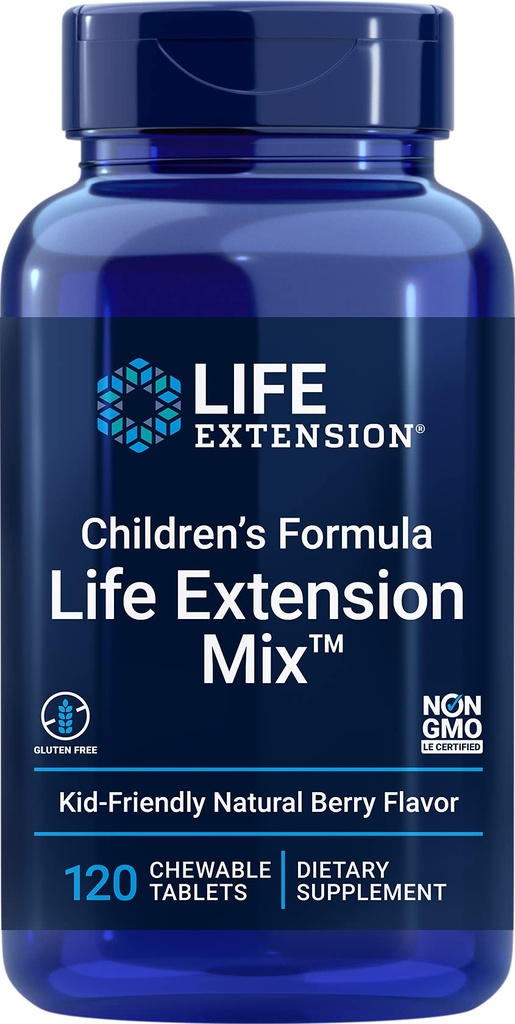 Life Extension Children's Formula MixTM, multivitamine voor kinderen, 18 essentiële vitamines en mineralen, Berry Flavored with no Added Sucrose, Gluten-Free, Non-GMO, 120 kauwtabletten
