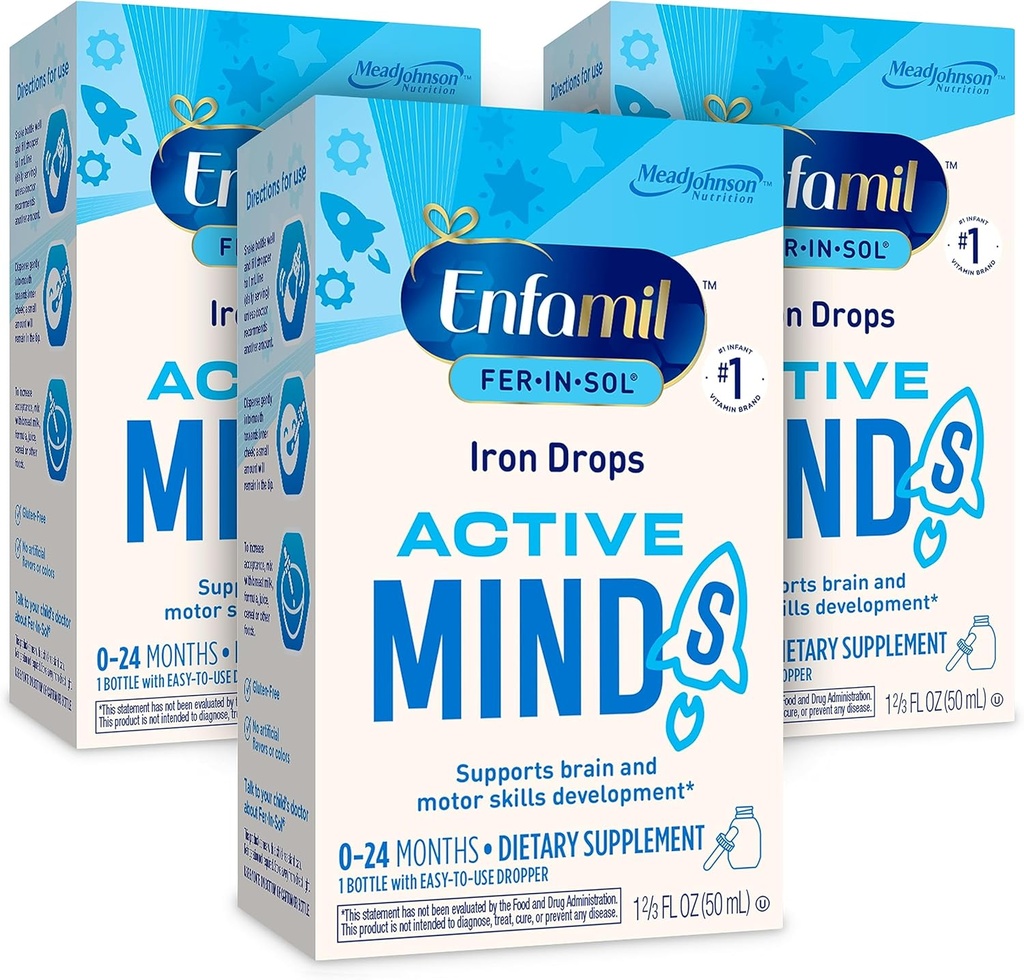 Enfamil Fer-In-Sol Iron Supplement Drops voor zuigelingen en peuters, ondersteunt de ontwikkeling van hersenen, 50 ml druppelfles, verpakking van 3