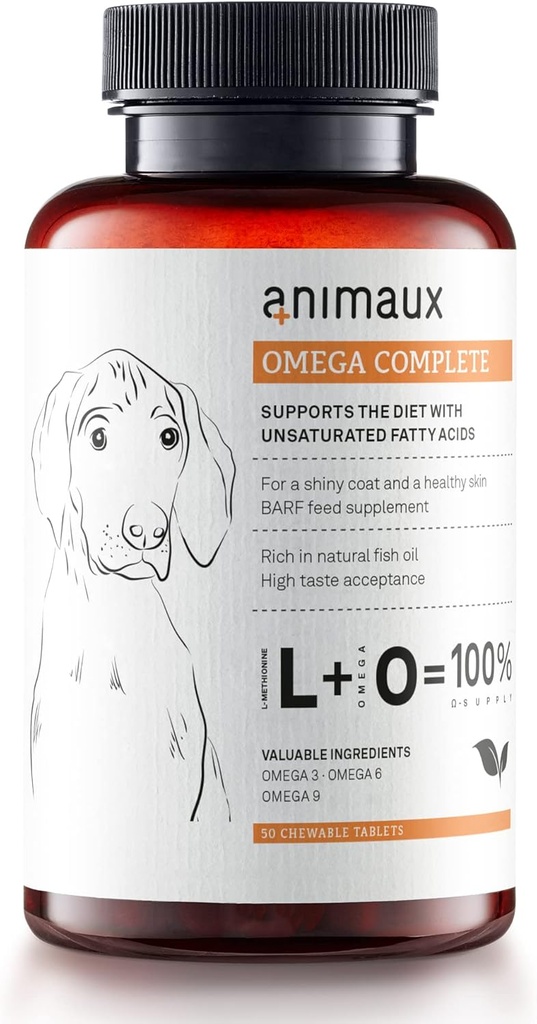 animaux - Omega Complete voor honden Visolie tabletten, Omega 3,6 & 9 vetzuren ter ondersteuning van vitaliteit, botstructuur, branderige supplement, zalmolie voor huid & jas, 50 kauwtabletten, 100 dagen levering