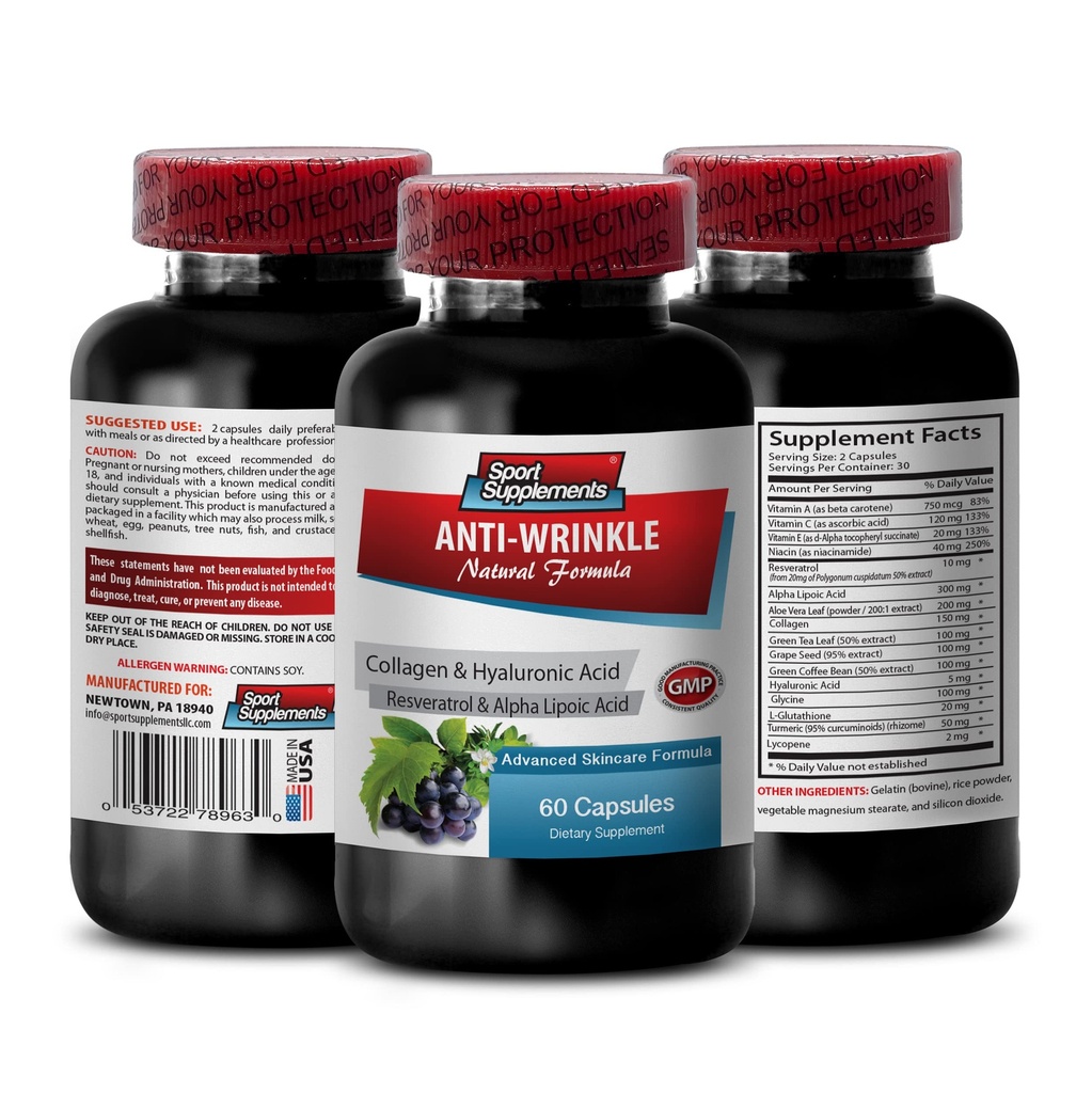 Resveratrol 250 - Pilules antirides - Anti-vieillissement de la peau pour les femmes, pilules anti rides de collagène, jus d'aloe vera pour la peau, capsules d'aloe vera organiques, vitamines d'acide caloronique, 1 Bot 60 Capsules
