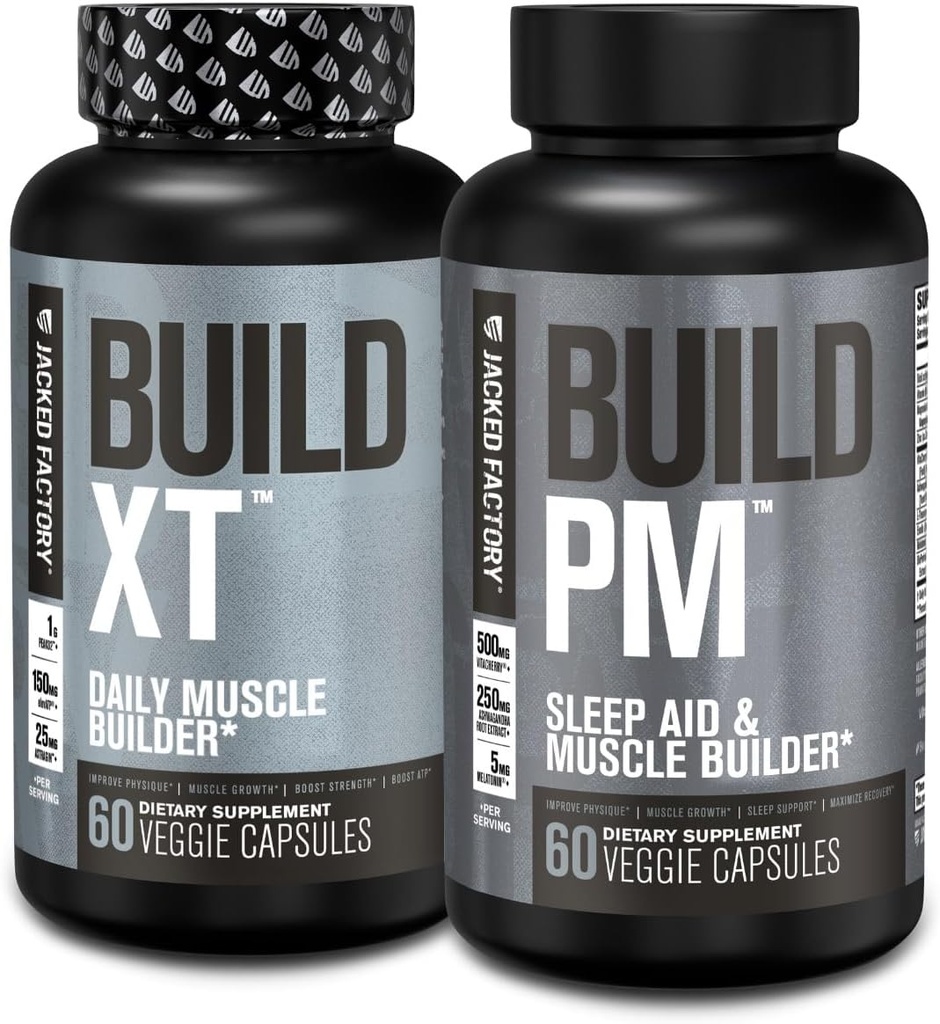 Ge Jacked Factory AM & PM Muscle Building Supplement Stack - Build-XT Muscle Builder & Build PM Night Time Spiergroei & Slaaphulp