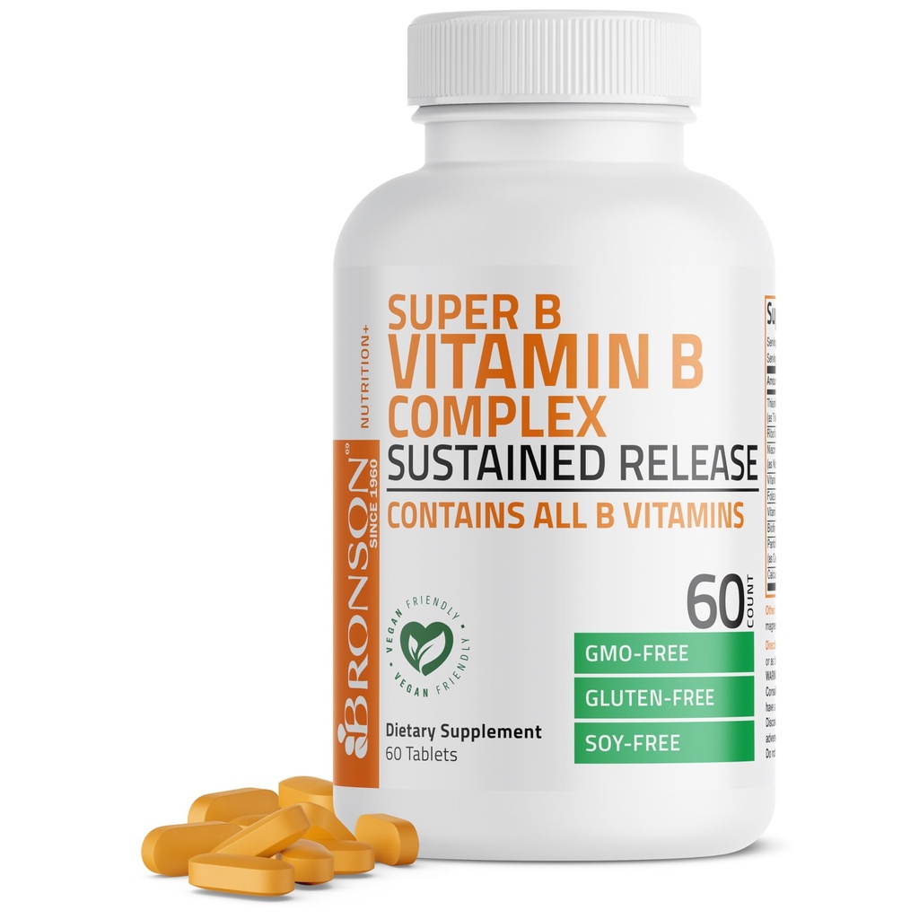 Bronson Super B Vitamine B Complex Sustained Slow Release (Vitamine B1, B2, B3, B6, B9 - Foliumzuur, B12) bevat alle B Vitaminen 60 tabletten