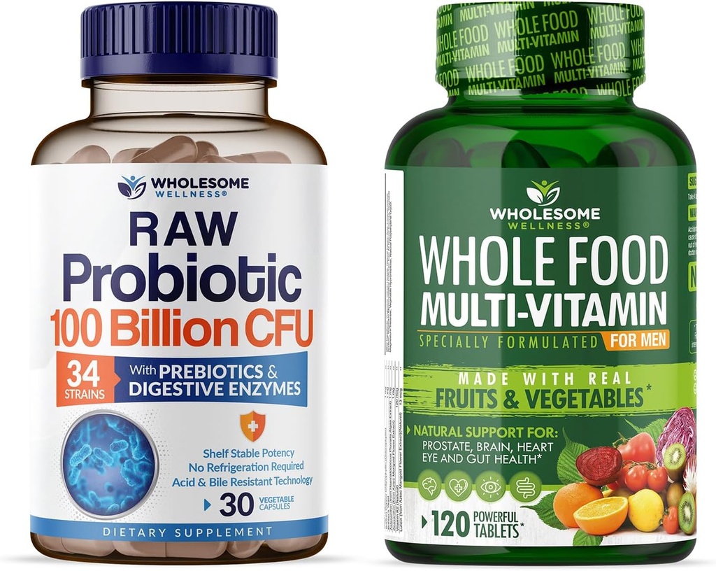 Biologische Probiotica 100 miljard CFU, Dr Geformuleerd voor vrouwen en mannen + Geheel voedsel Multivitamine voor mannen, Natuurlijke Multivitaminen, Mineralen, Biologische Extracten Bundel
