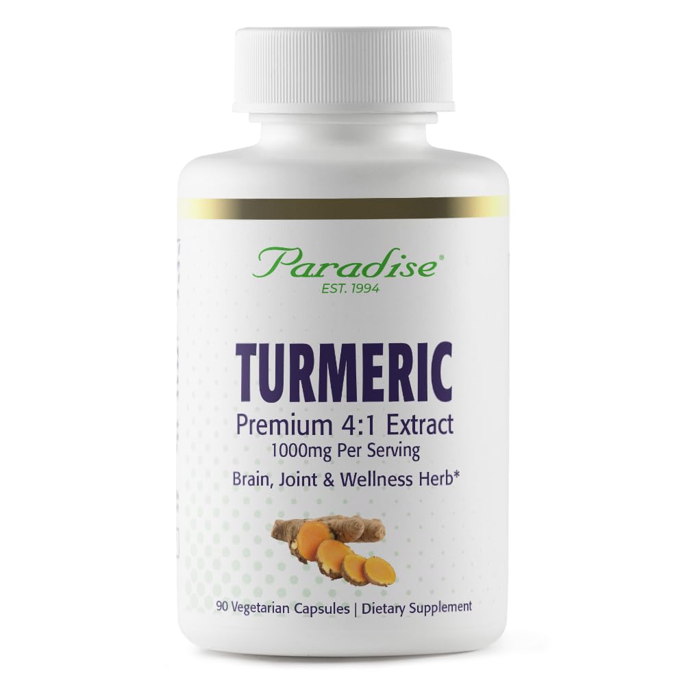 Rhizome curcuma biologique Paradise 4:1 extrait, extrait de spectre entier actif, super-potent, ultra-pur, végétalien, non-OGM, sans gluten, 90 capsules végétariennes