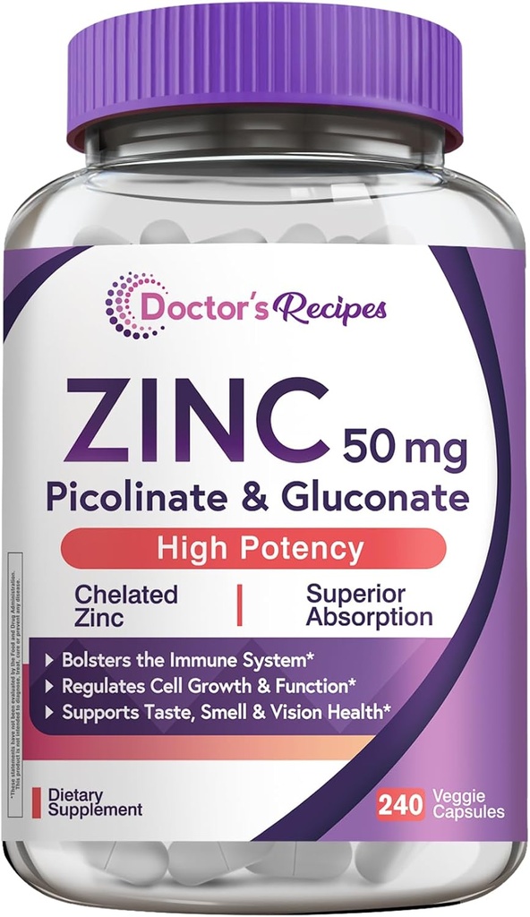 Recepten van de arts Zink 50 mg, Zeer absorberende zink Picolinaat & Gluconaat, Ondersteunt Natuurlijke Immune Defense, DNA en eiwit vorming, Cell Growth, Non-GMO, 240 Veggie Capsules