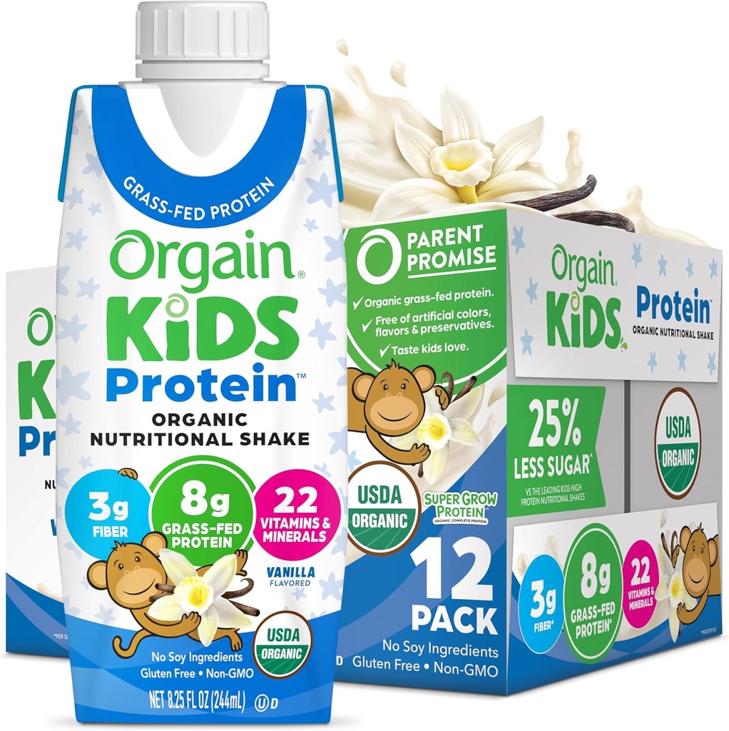 Orgain Organic Kids Nutritional Protein Shake, Vanille, Healthy Kids Snacks, 8g Dairy Protein, 3g Fiber, 22 Vitaminen & Minerals, Geen soja ingrediënten, Glutenvrij, Non-GMO, 8,25 Fl Oz (pakket van 12)