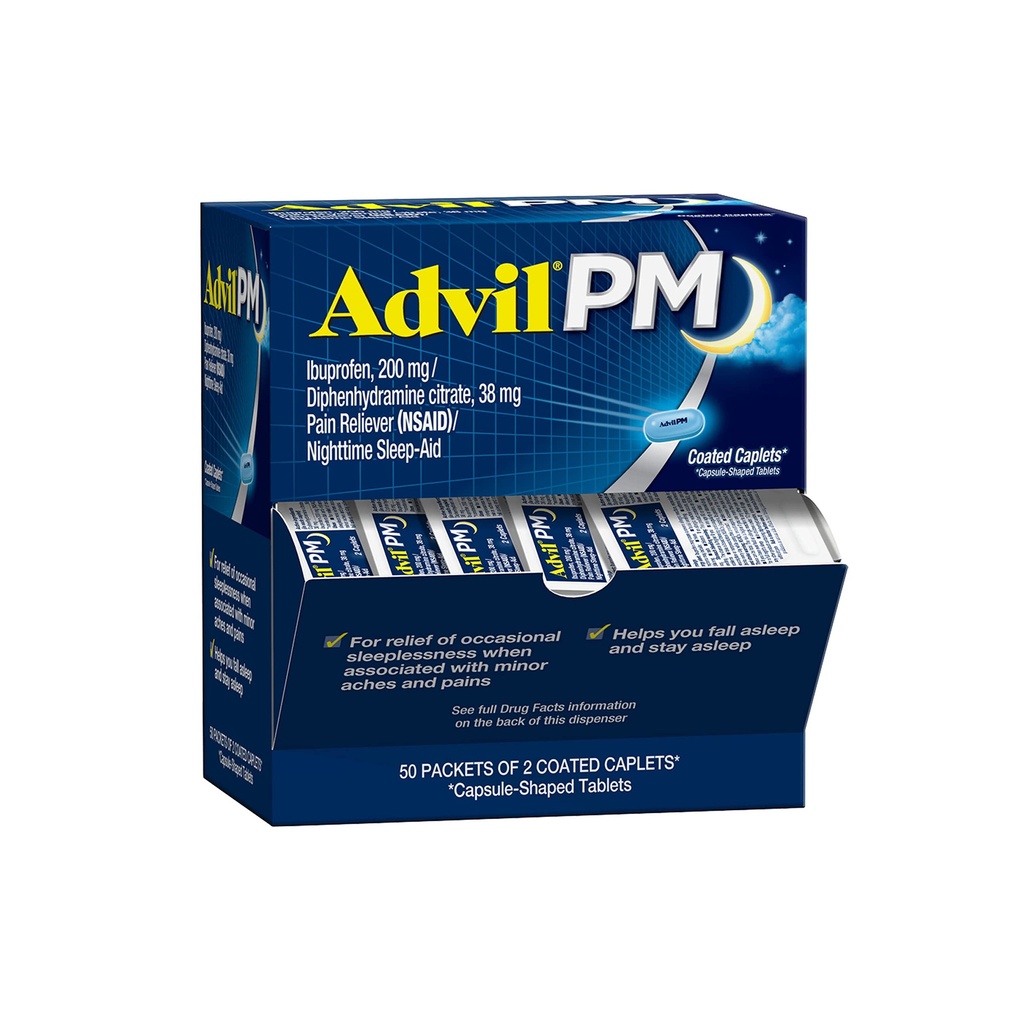 Advil PM Pain Reliever and Nighttime Sleep Aid, Pain Medicine met Ibuprofen for Pain Relief and Difenhydramine Citrate for a Slaaphulp - 50x2 Coated Caplets