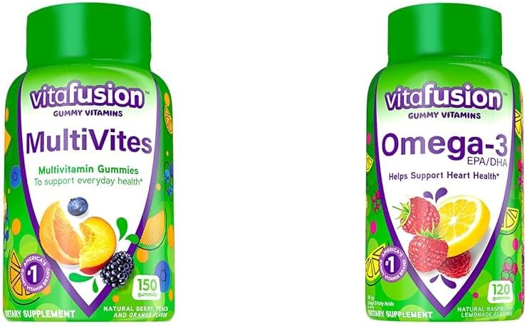 Vitafusion MultiVites Gummy Multivitamines voor volwassenen met 12 vitamines en mineralen, Berry, Peach & Omega-3 Gummy Vitaminen, Berry Limonade Gearomatiseerd, Hart Gezondheid Vitaminen(1)