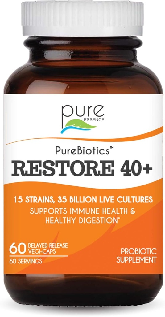 PURE ESSENCE LABS PureBiotics Restore 40+ Probiotic Supplement - Ondersteunt Immune & Digestieve Gezondheid - Zuivel & Glutenvrij - 15 Strains (35 miljard CTU) Volwassenen Natuurlijke Probiotica (60 Caps)
