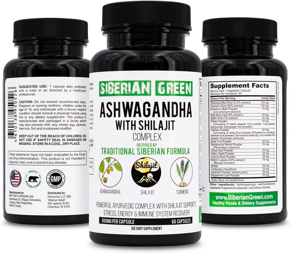 Siberische Groene Ashwagandha met Altai Shilajit & Turmeric Ayurvedic Complex 60 Capsules 