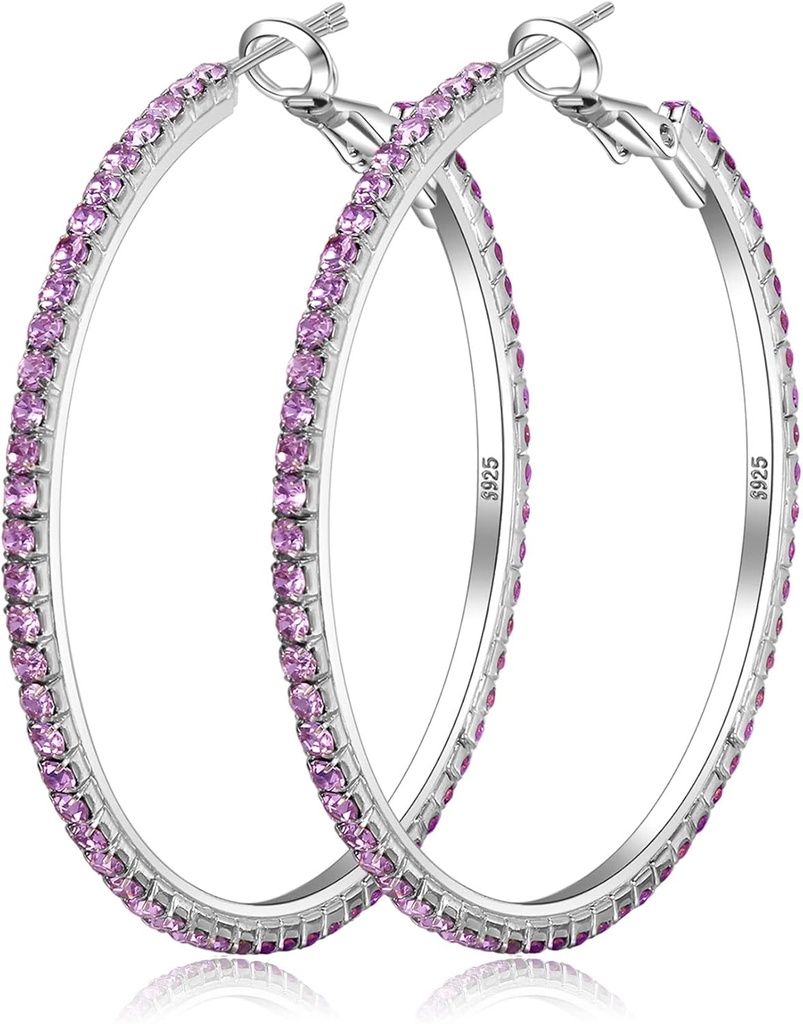 925 Sterling Silver Earrings Large Rhinestone Hoop Earrings Big Cubic Zirconia Hoop Earrings Thin Rhinestones Round Hoop Earrings for Women 20/30/40/50/60/70mm Sparkly Hoops With Crystals for Womens