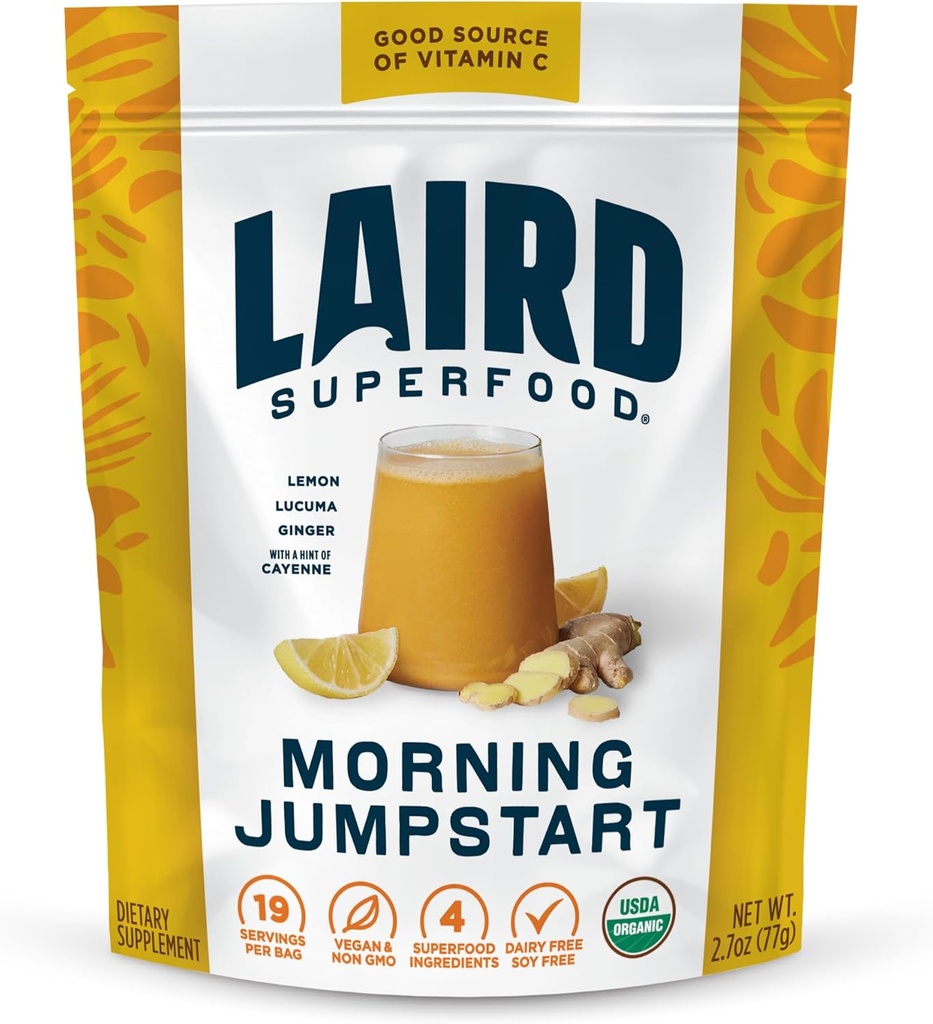 Laird Superfood Morning Jumpstart Powder Drink Supplément, Citron, Lucuma, Ginger et Cayenne Cleanse, Bio, 2.7 Oz Sac, Pack de 1