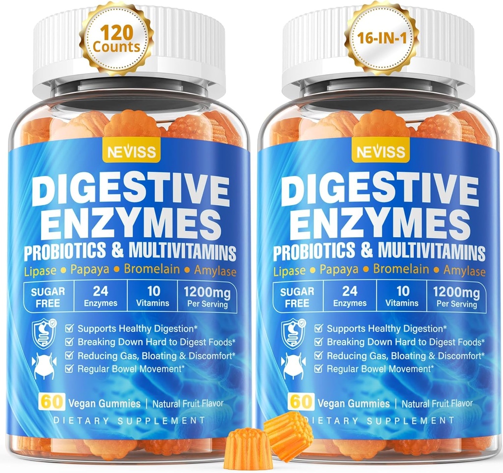 Digestieve enzymen met Probiotische Gummies, Multivitaminen, Calcium, Magnesium - Alle 24 essentiële kauwbare multi-enzymen - Papaya, Lipase, Amylase, Bromelain - Breaking Down Carbs, Proteïnes, Fats, 2Packs