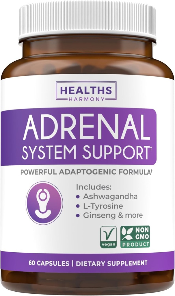Adrenal System Support & Cortisol Manager (2 maanden supply) Krachtige Ashwagandha & L-tyrosine vermoeidheidssupplement - Gebalanceerde cortisolniveaus, gezondheid, & stressrelief - niet-GMO - 60 capsules