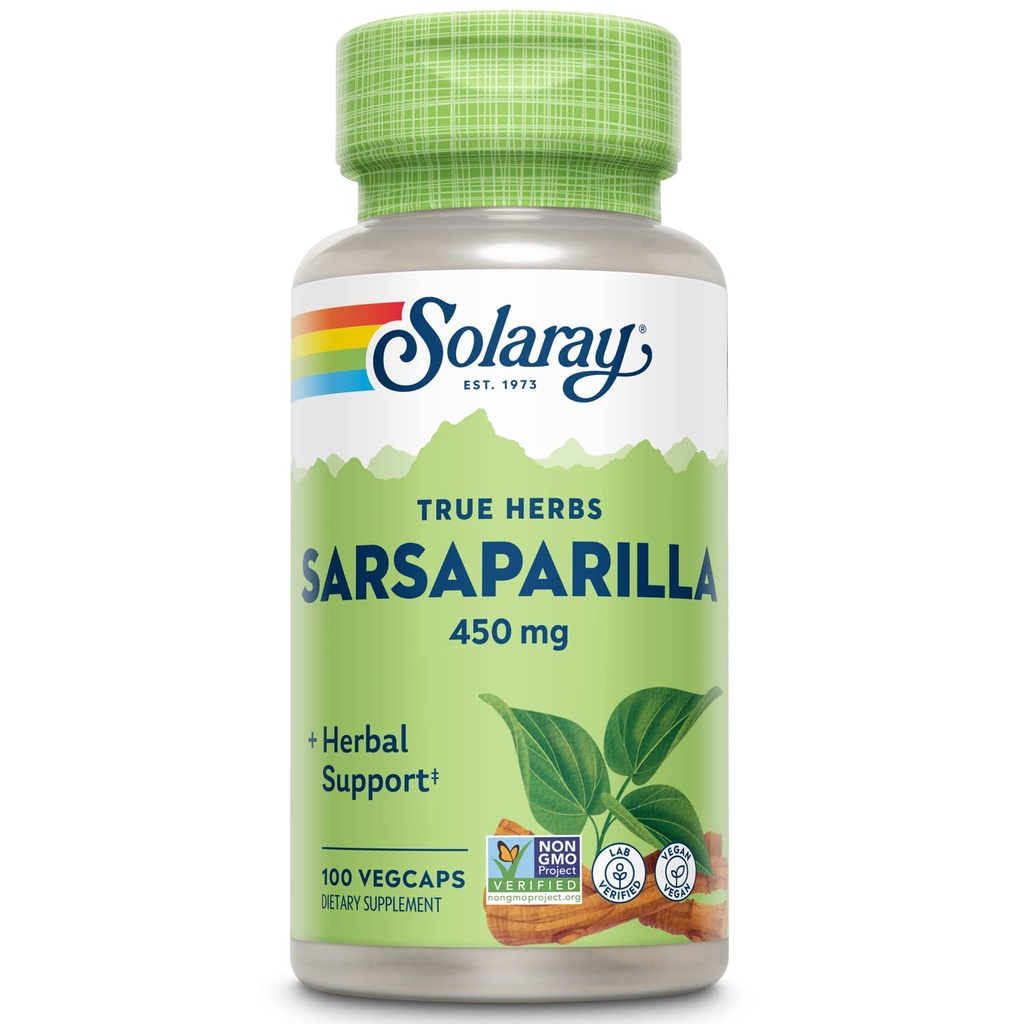 SOLARAY Sarsaparilla Root 450 mg - Soutien traditionnel à base de plantes - Non-OGM, végétalien, laboratoire vérifié - Garantie de remboursement de 60 jours - 100 portions, 100 VegCaps