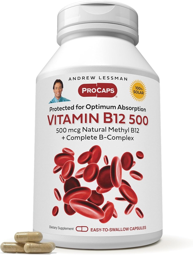 ANDREW LESSMAN Vitamine B12 500 720 Capsules - Absorptie-beschermd Methylcobalamine (Natural Coenzyme Vitamin B12), essentieel voor energie- en stressondersteuning, Plus B-complex, gemakkelijk doorslikken Capsules
