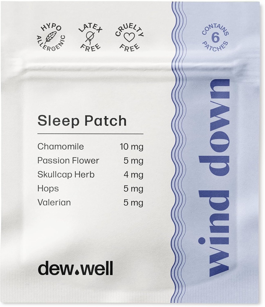 Dew Well Wind Down Slaap Patches - Melatonine Gratis kamille & Passie Bloem Patches voor natuurlijke rust Aids - Stress Strips voor Migraine Relief - Slaap Sticker & Hot Sleeper Relief - 6 Telle Clear