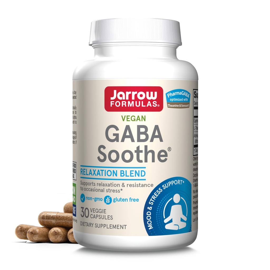 Jarrow Formulas® GABA Soothe®, 3 Ingrediënt Dieetsupplement voor ontspanning en af en toe stress, 30 Veggie Capsules, 30 dagen levering